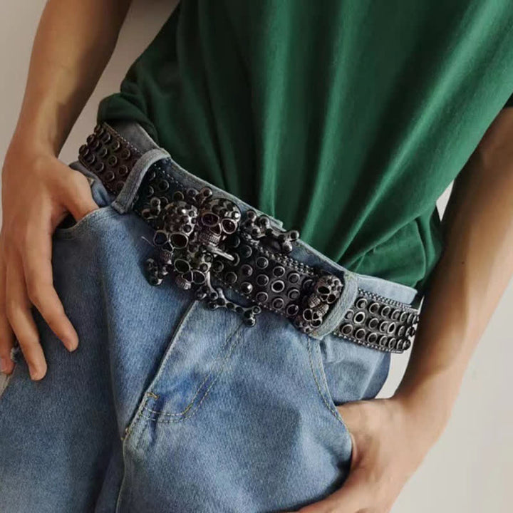 Black Skull Shape Buckle Rhinestone Studded Leather Belt - image 1