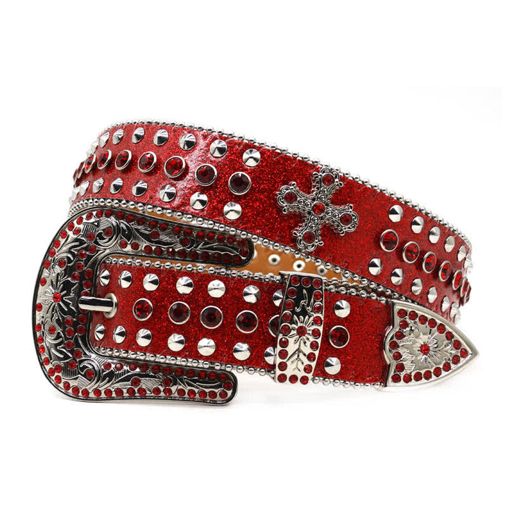 Stylish Gothic Cross Rhinestone Studded Leather Belt - Red - Style #1 - 44 - image 12