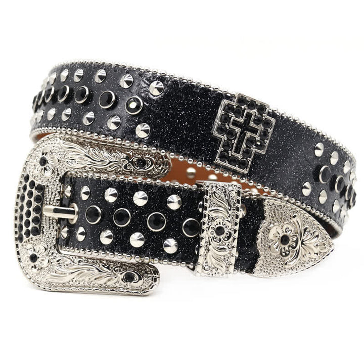 Stylish Gothic Cross Rhinestone Studded Leather Belt - Black - Style #2 - 44 - image 7