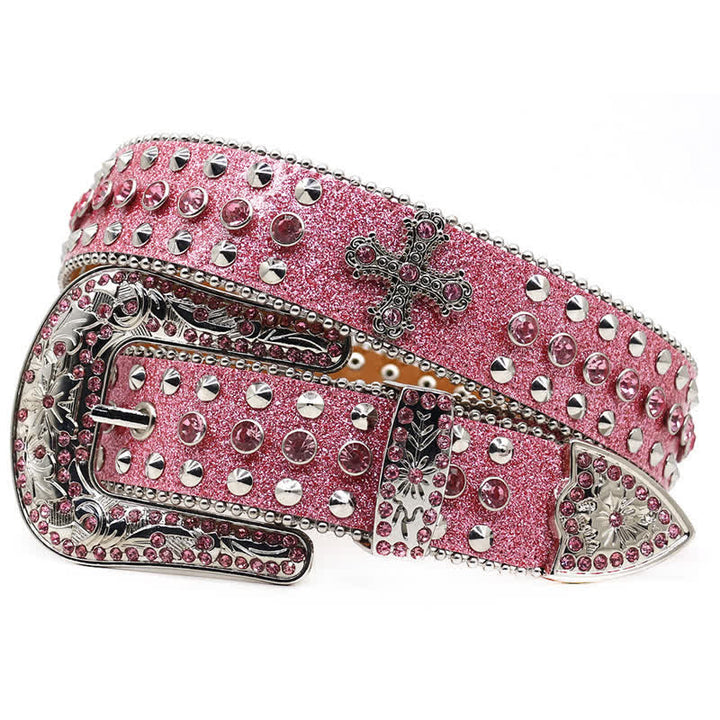 Stylish Gothic Cross Rhinestone Studded Leather Belt - Pink - Style #1 - 44 - image 0