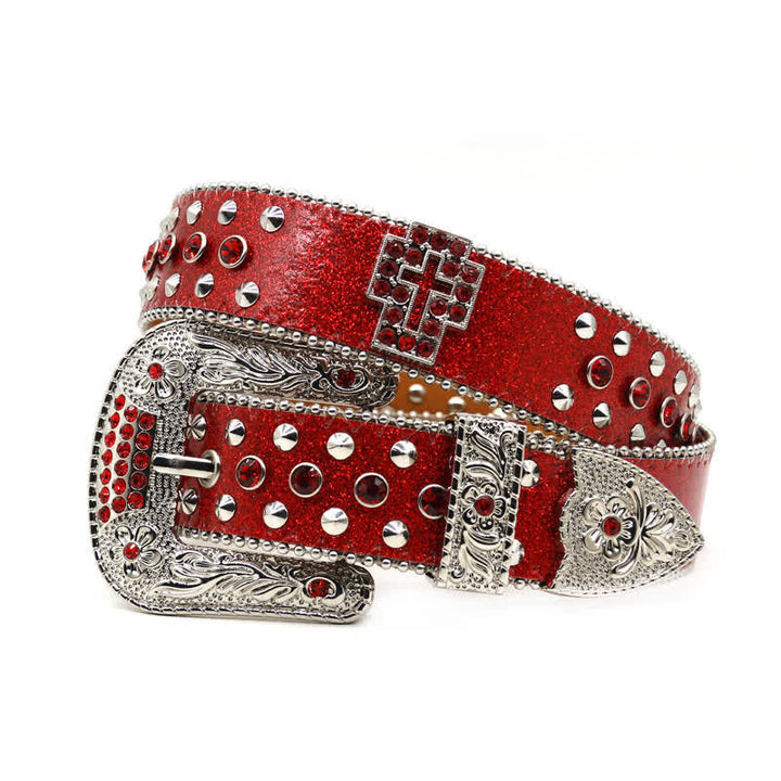 Stylish Gothic Cross Rhinestone Studded Leather Belt - Red - Style #2 - 44 - image 13