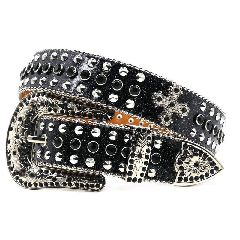 Stylish Gothic Cross Rhinestone Studded Leather Belt - Black - Style #1 - 44 - image 6