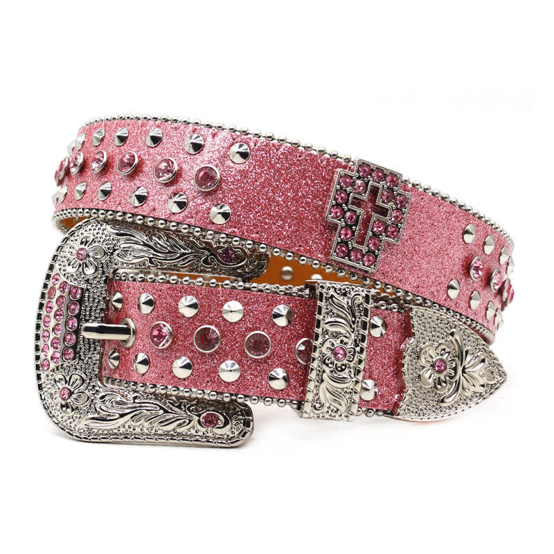 Stylish Gothic Cross Rhinestone Studded Leather Belt - Pink - Style #2 - 44 - image 5