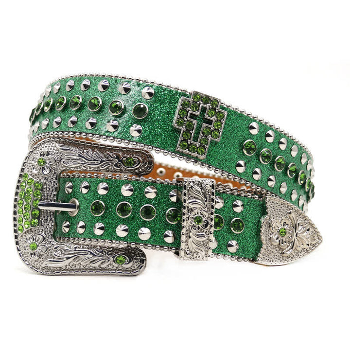 Stylish Gothic Cross Rhinestone Studded Leather Belt - Green - Style #2 - 44 - image 9