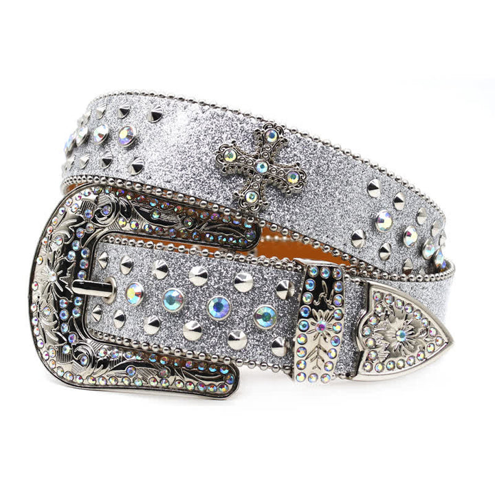 Stylish Gothic Cross Rhinestone Studded Leather Belt - Silver - Style #1 - 44 - image 10