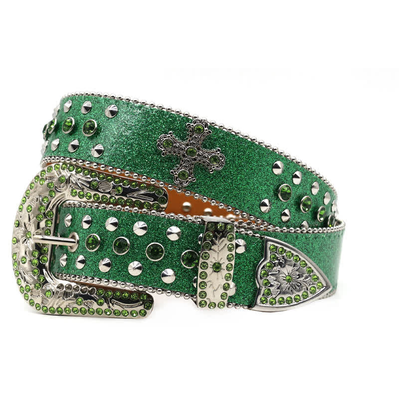 Stylish Gothic Cross Rhinestone Studded Leather Belt - Green - Style #1 - 44 - image 8