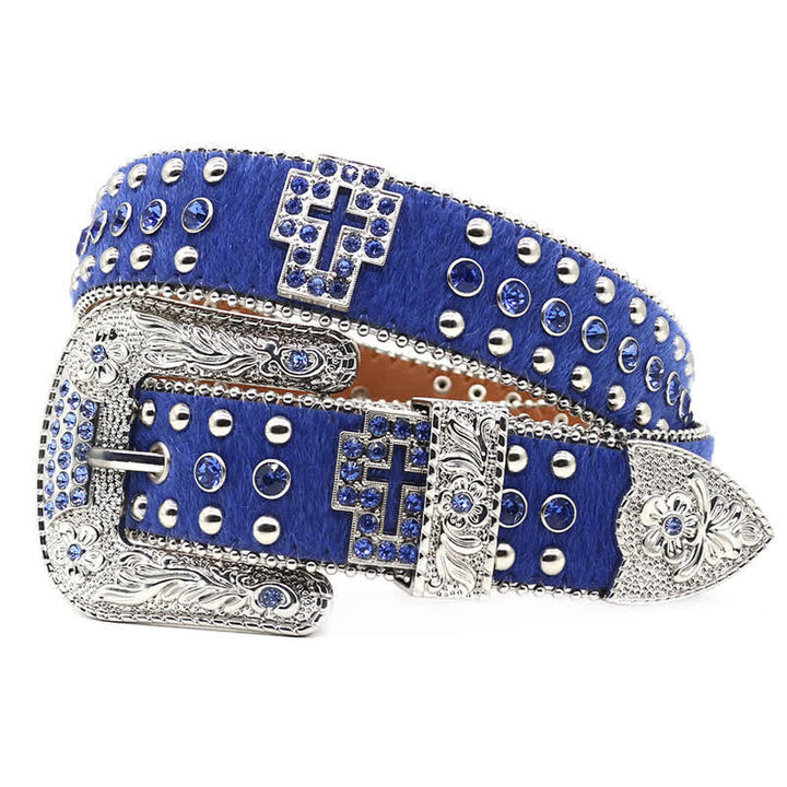  Cross Rivet Studded Bling Rhinestone Leather Belt - Blue - 44 - image 9