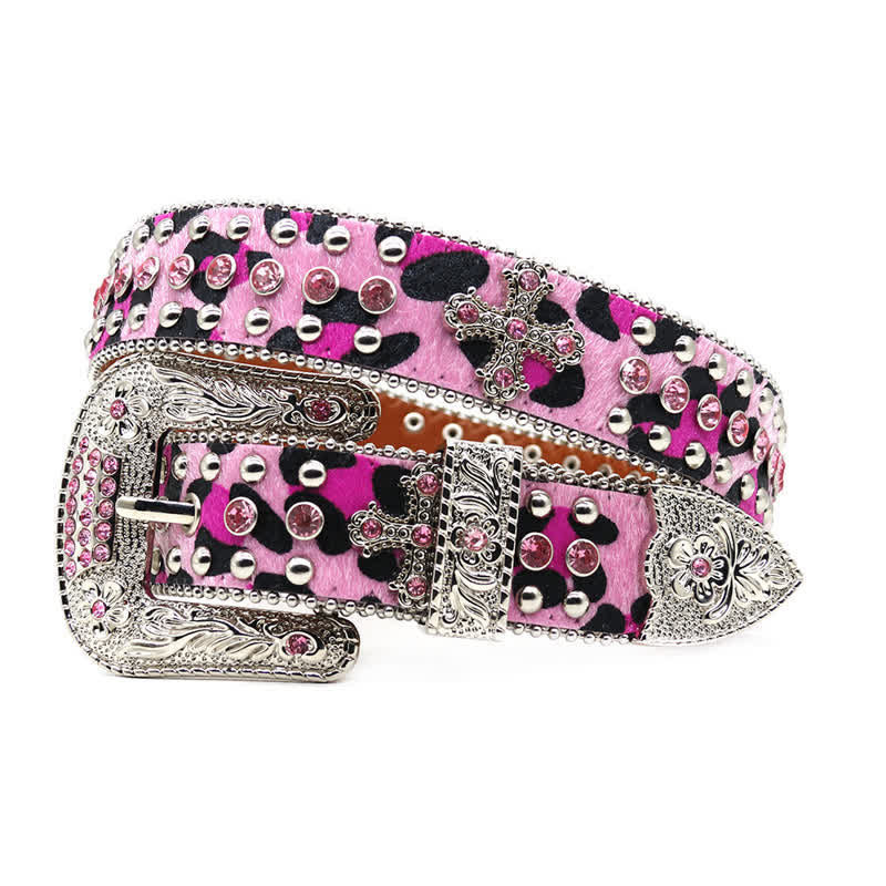  Cross Rivet Studded Bling Rhinestone Leather Belt - Pink - 44 - image 0