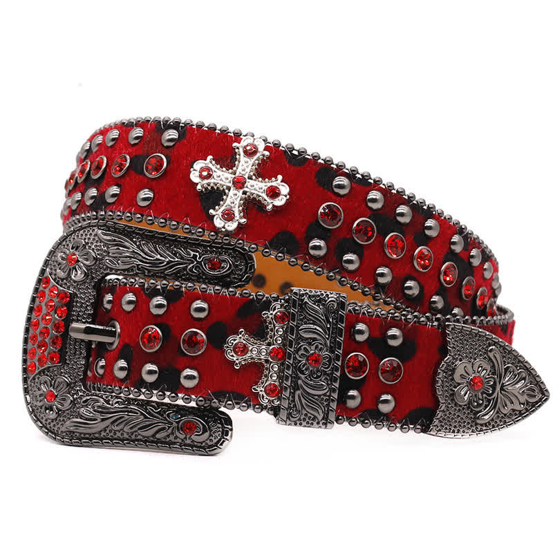  Cross Rivet Studded Bling Rhinestone Leather Belt - Red - 44 - image 8