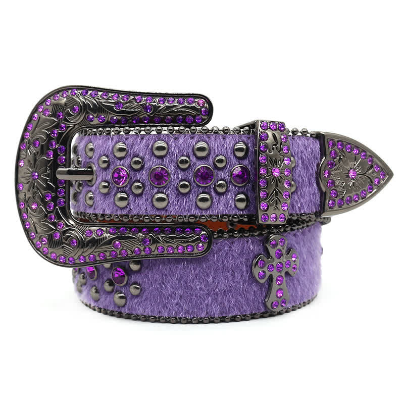  Cross Rivet Studded Bling Rhinestone Leather Belt - Purple - 44 - image 7