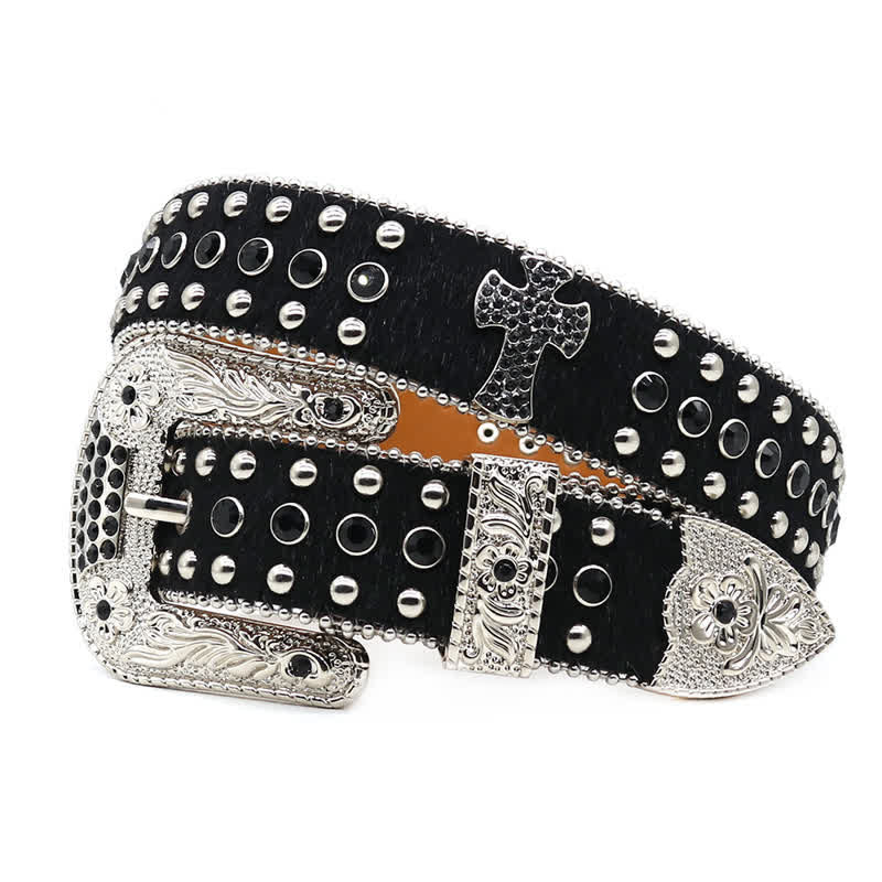  Cross Rivet Studded Bling Rhinestone Leather Belt - Black - 44 - image 6