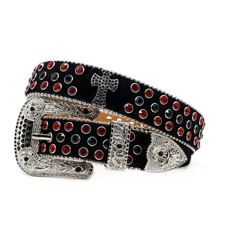  Cross Rivet Studded Bling Rhinestone Leather Belt - Black & Red - 44 - image 10