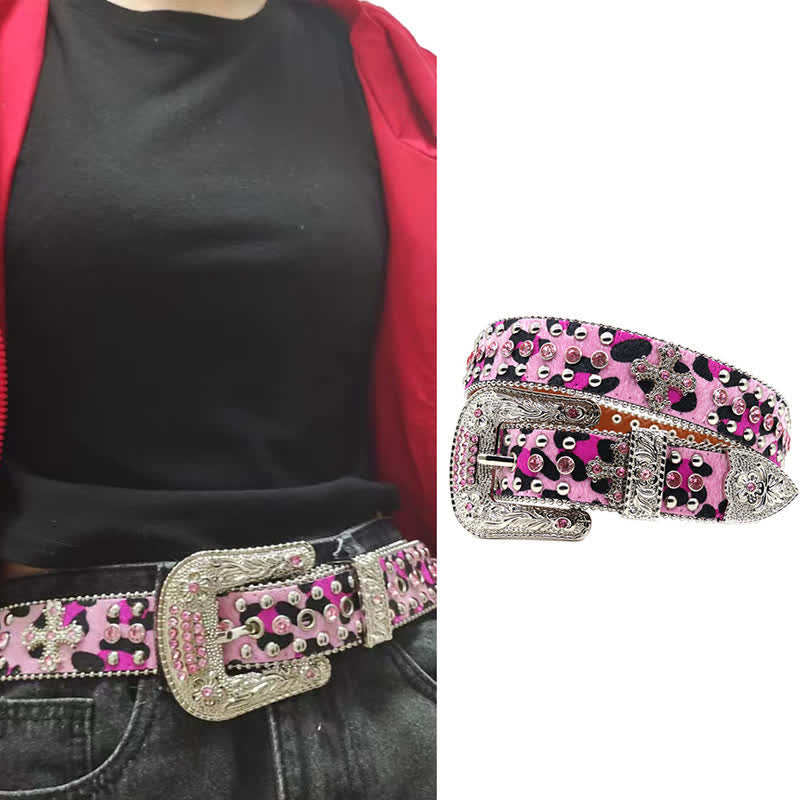  Cross Rivet Studded Bling Rhinestone Leather Belt - image 1