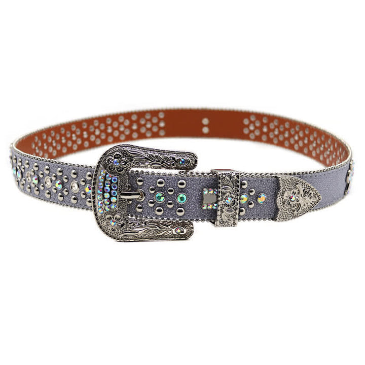 Flower Carved Buckle Rhinestone Rivet Leather Belt - image 4
