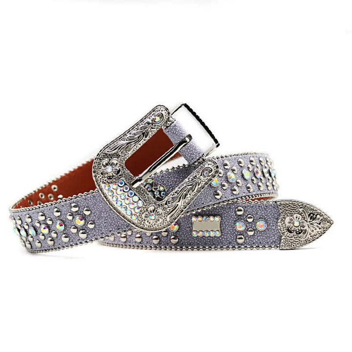Flower Carved Buckle Rhinestone Rivet Leather Belt - image 3
