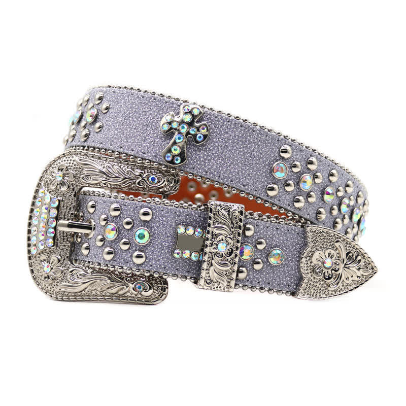 Flower Carved Buckle Rhinestone Rivet Leather Belt - Gray - 44 - image 0
