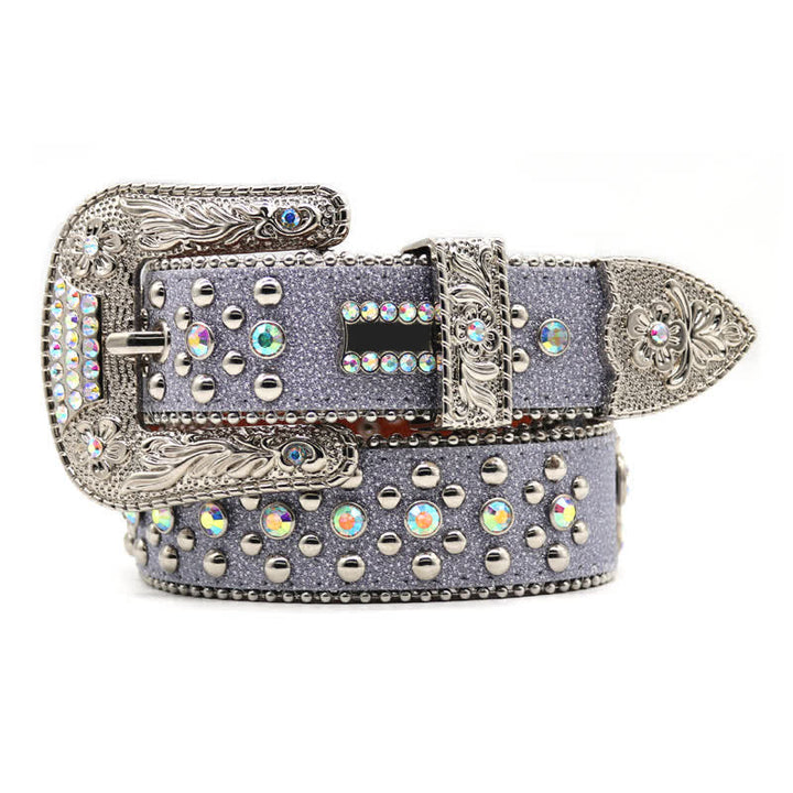 Flower Carved Buckle Rhinestone Rivet Leather Belt - image 2