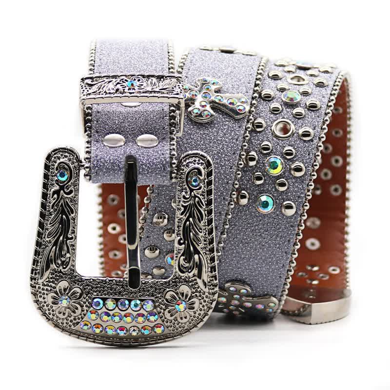 Flower Carved Buckle Rhinestone Rivet Leather Belt - image 1