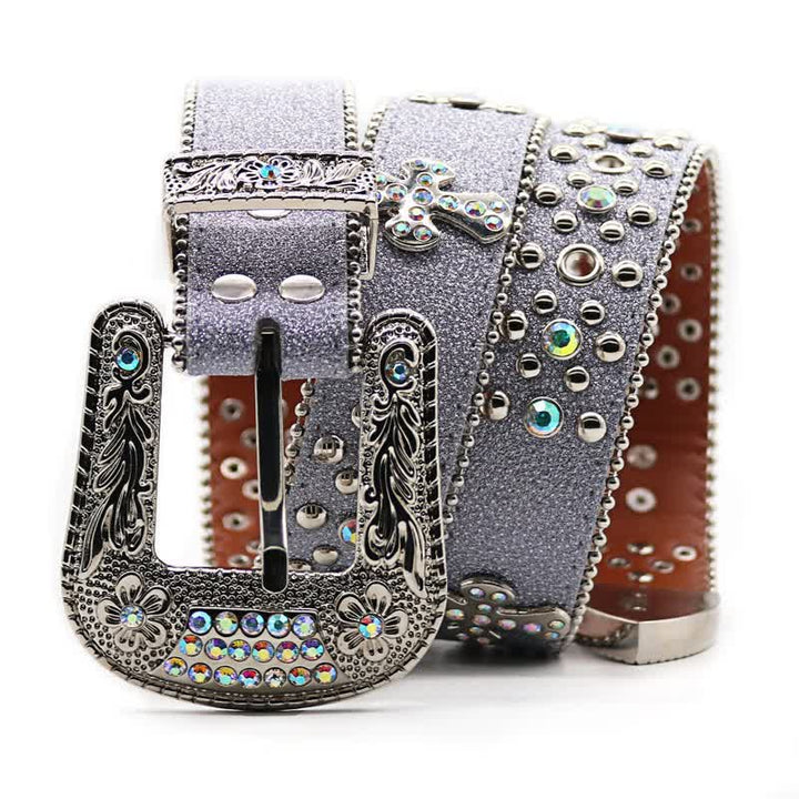 Flower Carved Buckle Rhinestone Rivet Leather Belt - image 1