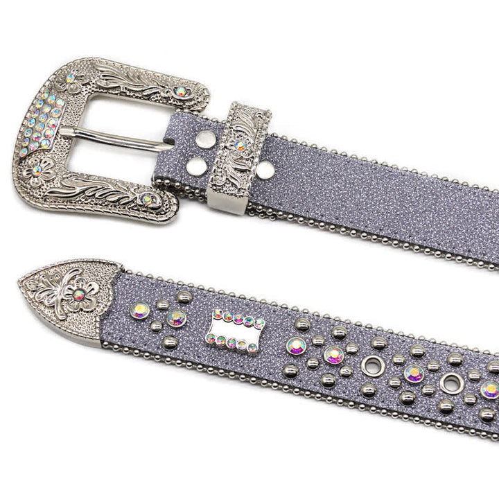 Flower Carved Buckle Rhinestone Rivet Leather Belt - image 5