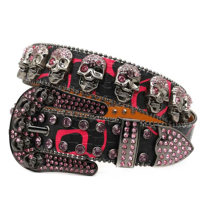 Skull Inlaid Design Rhinestone Rivet Leather Belt - Black - 44 - image 0