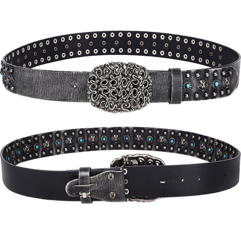 Tiger Head Faux Turquoise Gem Rivet Leather Belt - image 1