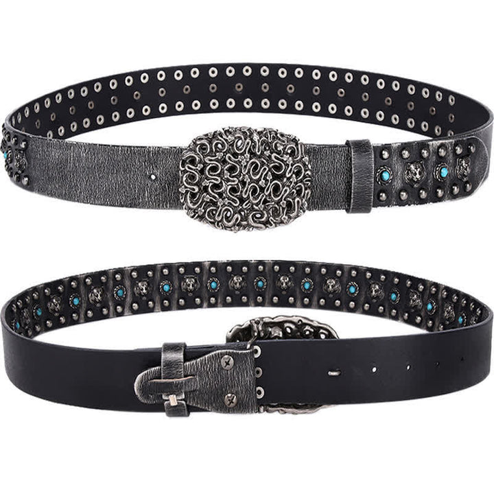 Tiger Head Faux Turquoise Gem Rivet Leather Belt - image 1