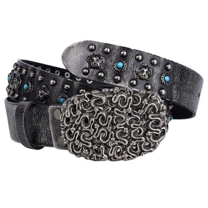 Tiger Head Faux Turquoise Gem Rivet Leather Belt - image 5