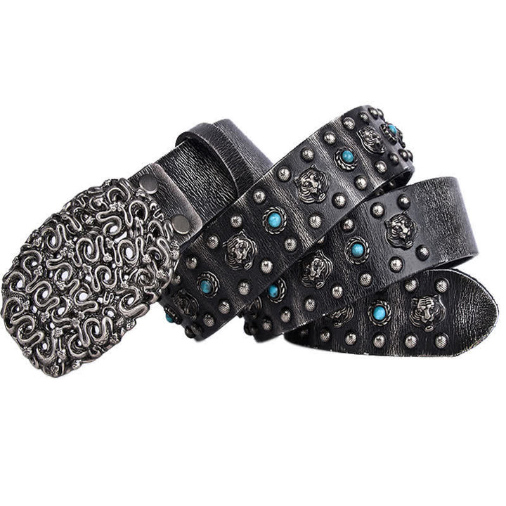 Tiger Head Faux Turquoise Gem Rivet Leather Belt - Gray - 44 - image 2