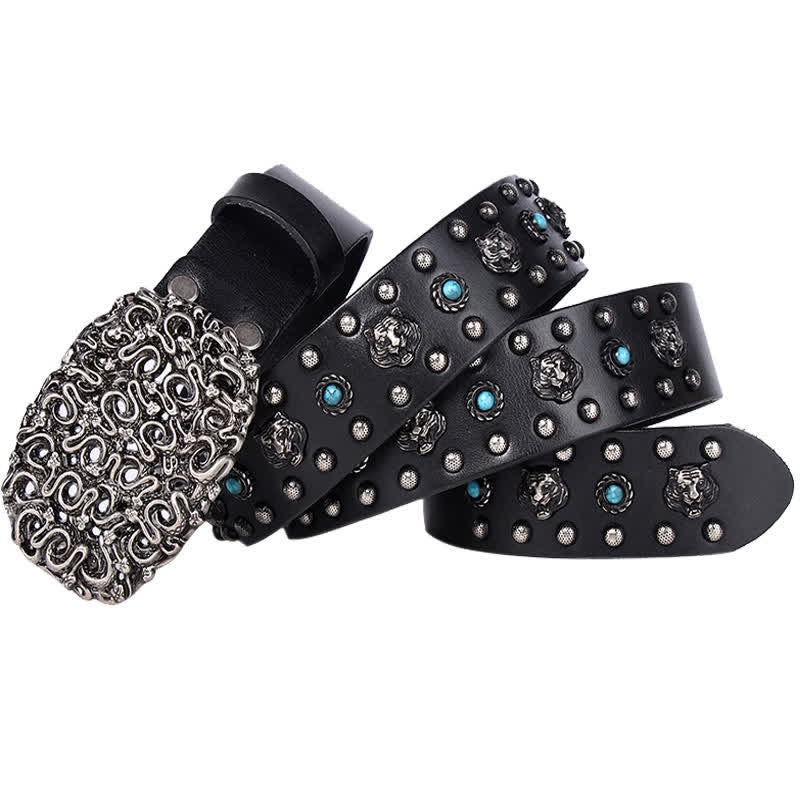 Tiger Head Faux Turquoise Gem Rivet Leather Belt - Black - 44 - image 0