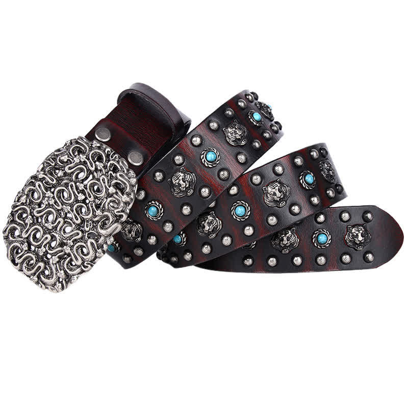 Tiger Head Faux Turquoise Gem Rivet Leather Belt - Reddish-Brown - 44 - image 8