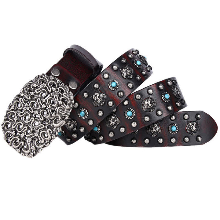 Tiger Head Faux Turquoise Gem Rivet Leather Belt - Reddish-Brown - 44 - image 8