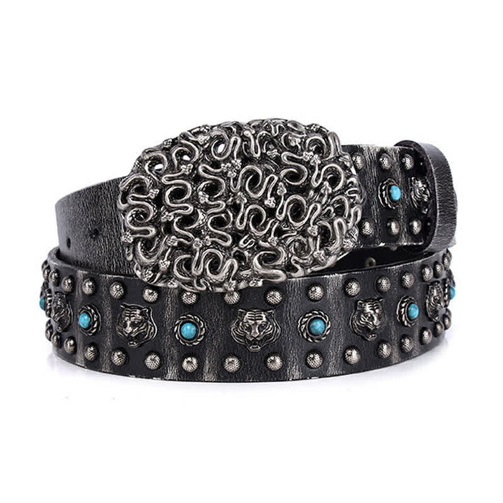 Tiger Head Faux Turquoise Gem Rivet Leather Belt - image 4
