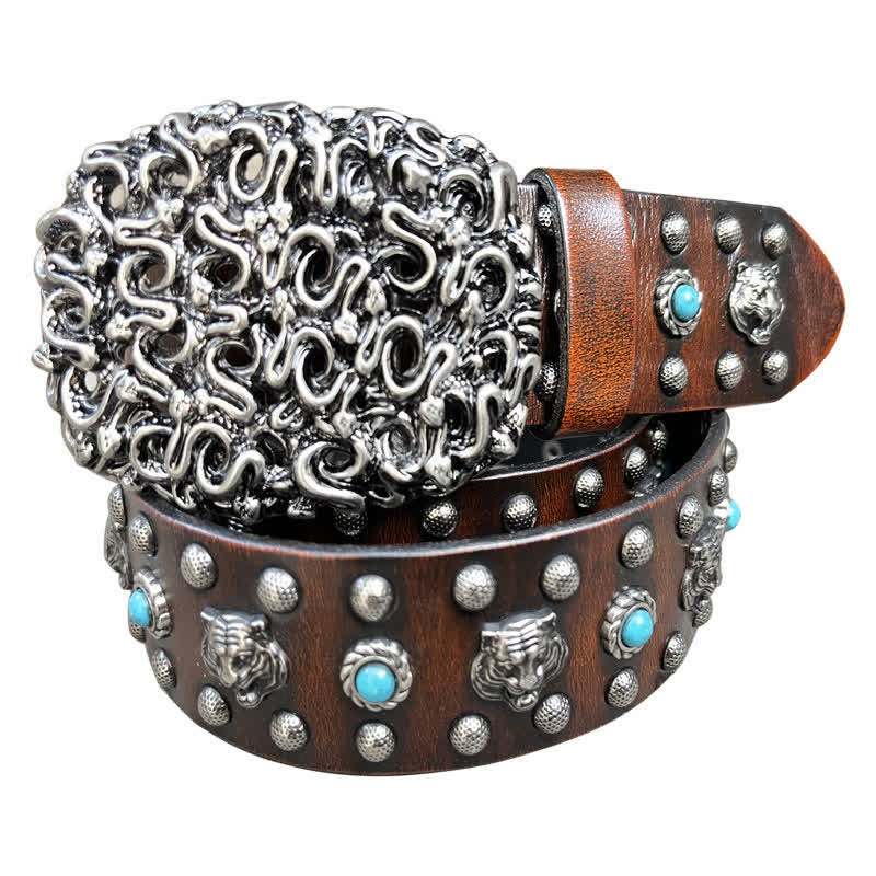 Tiger Head Faux Turquoise Gem Rivet Leather Belt - Yellowish-Brown - 44 - image 9