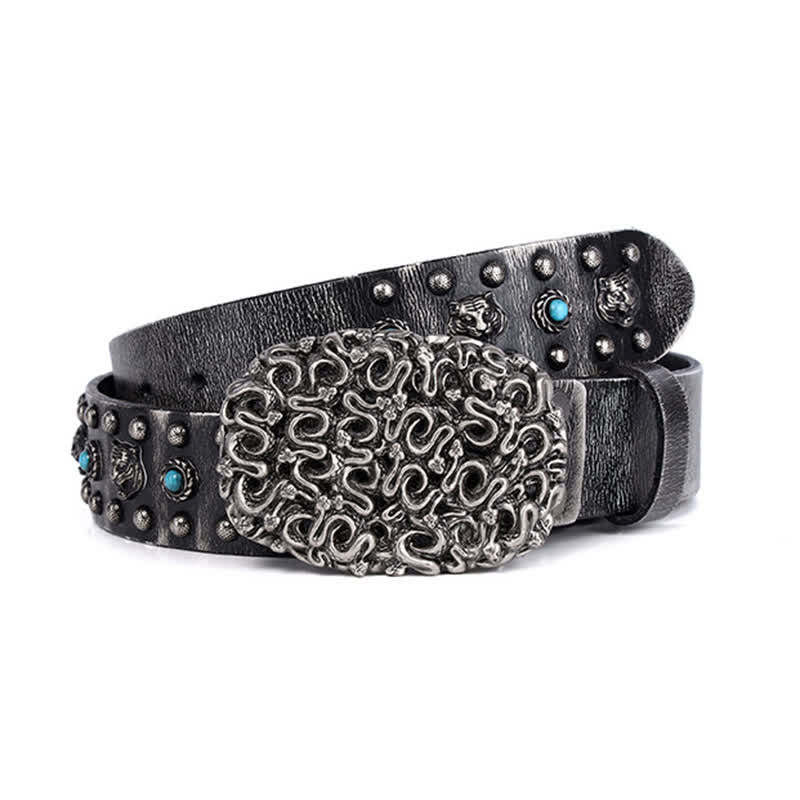 Tiger Head Faux Turquoise Gem Rivet Leather Belt - image 3