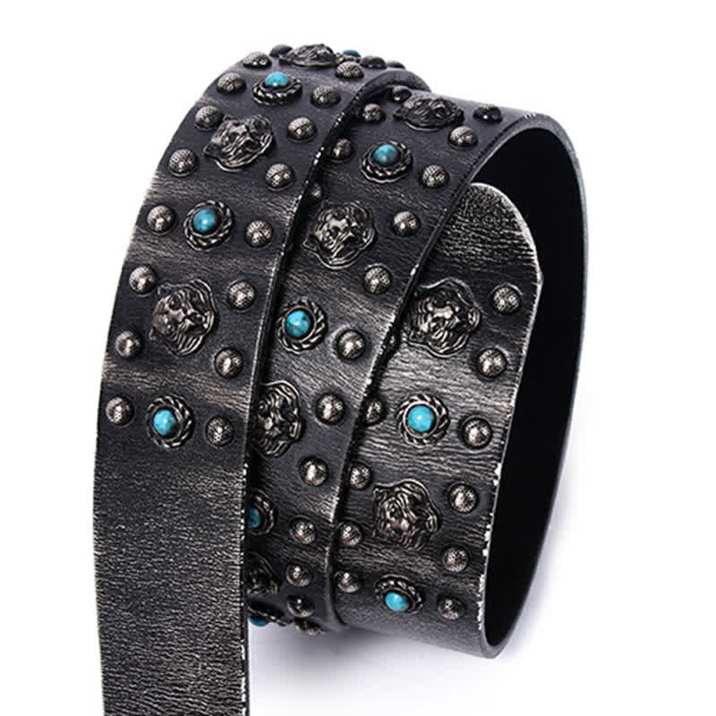 Tiger Head Faux Turquoise Gem Rivet Leather Belt - image 6