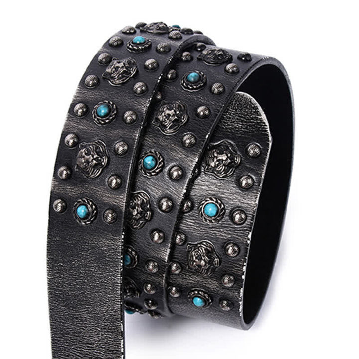 Tiger Head Faux Turquoise Gem Rivet Leather Belt - image 6