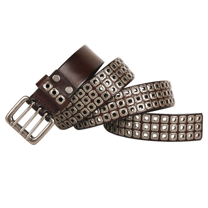 Punk Rock Heavy Metal Square Rivet Leather Belt - Brown - 44 - image 2