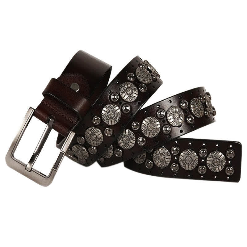 Motorcycle Jeans Heavy Metal Rivet Leather Belt - Brown - 44 - image 0