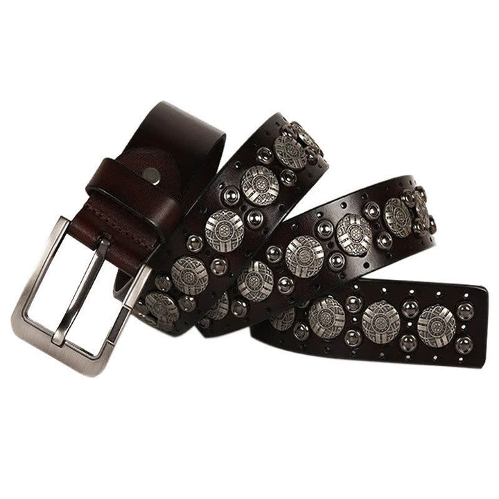 Motorcycle Jeans Heavy Metal Rivet Leather Belt - Brown - 44 - image 0