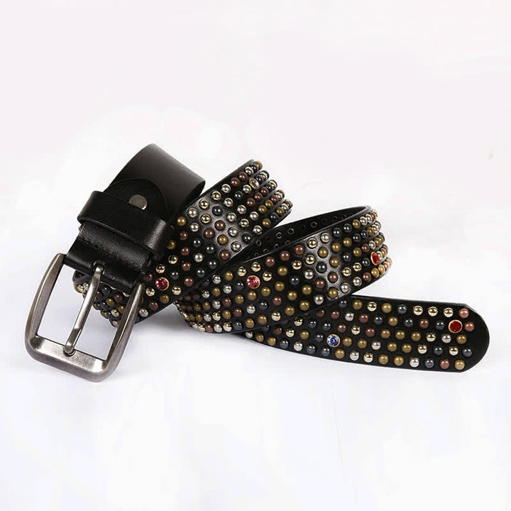 Stylish Nailheads Rhinestone Studded Rivet Leather Belt - Black - 44 - image 0