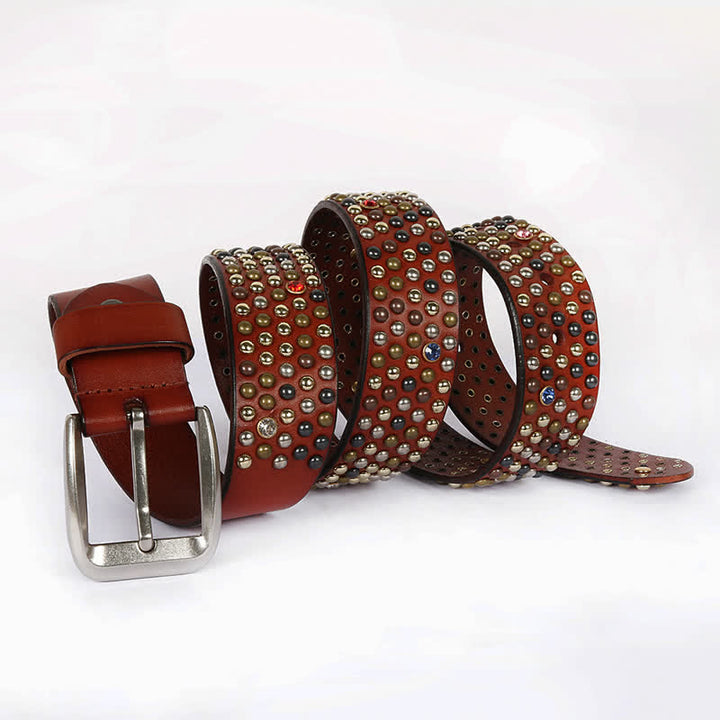 Stylish Nailheads Rhinestone Studded Rivet Leather Belt - Brown - 44 - image 13
