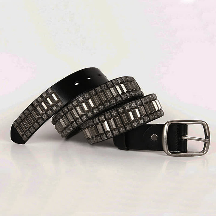 Vintage Geometric Metal Rivet Studded Leather Belt - image 11
