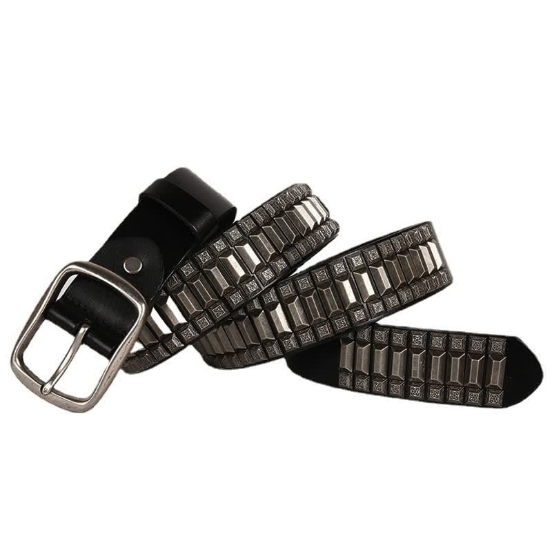 Vintage Geometric Metal Rivet Studded Leather Belt - Black - 44 - image 8