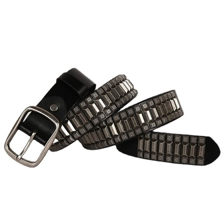 Vintage Geometric Metal Rivet Studded Leather Belt - Black - 44 - image 8