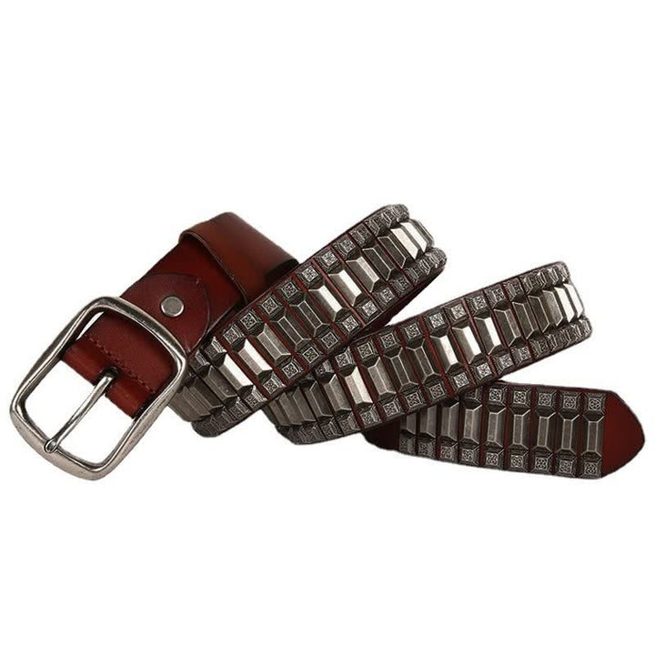 Vintage Geometric Metal Rivet Studded Leather Belt - Brown - 44 - image 19