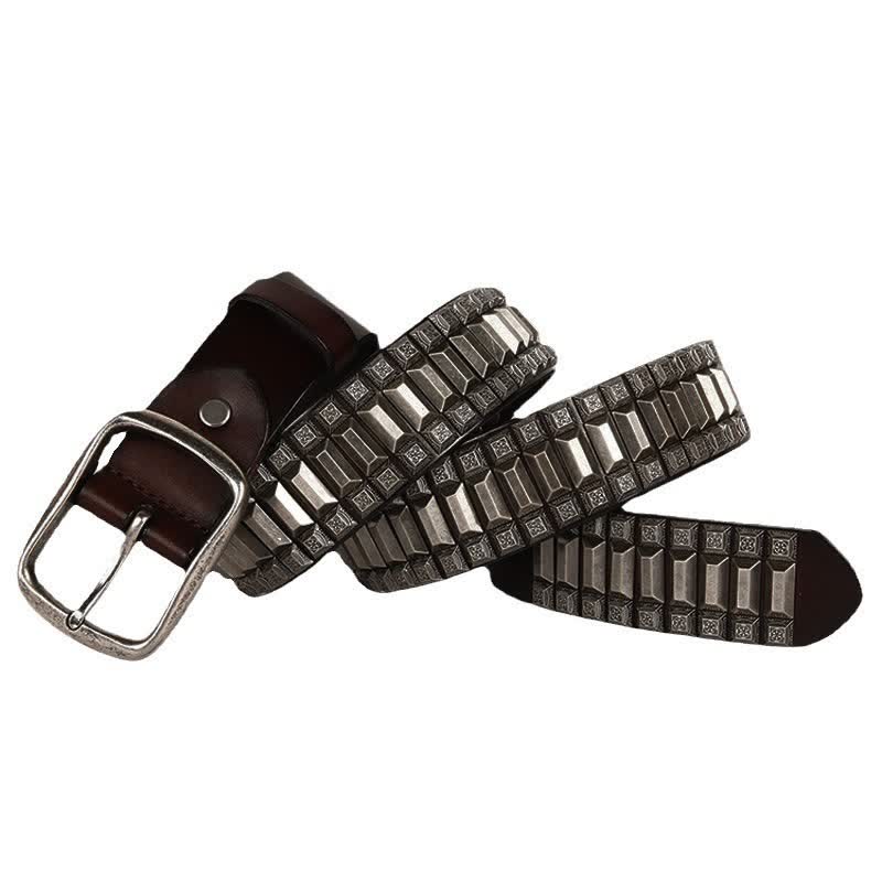 Vintage Geometric Metal Rivet Studded Leather Belt - Coffee - 44 - image 0