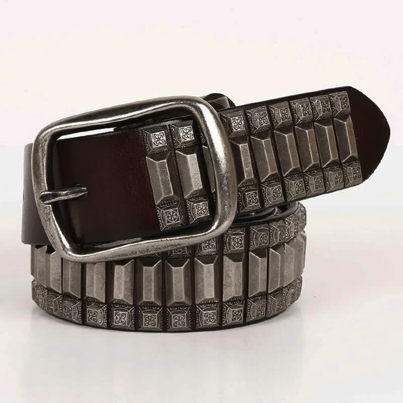 Vintage Geometric Metal Rivet Studded Leather Belt - image 1