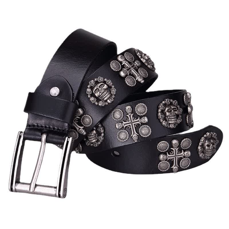 Heavy Metal Rivet Skull Cross Pattern Leather Belt - Black - 44 - image 5
