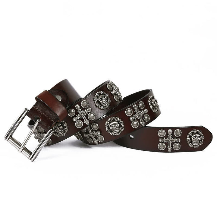 Heavy Metal Rivet Skull Cross Pattern Leather Belt - Coffee - 44 - image 24